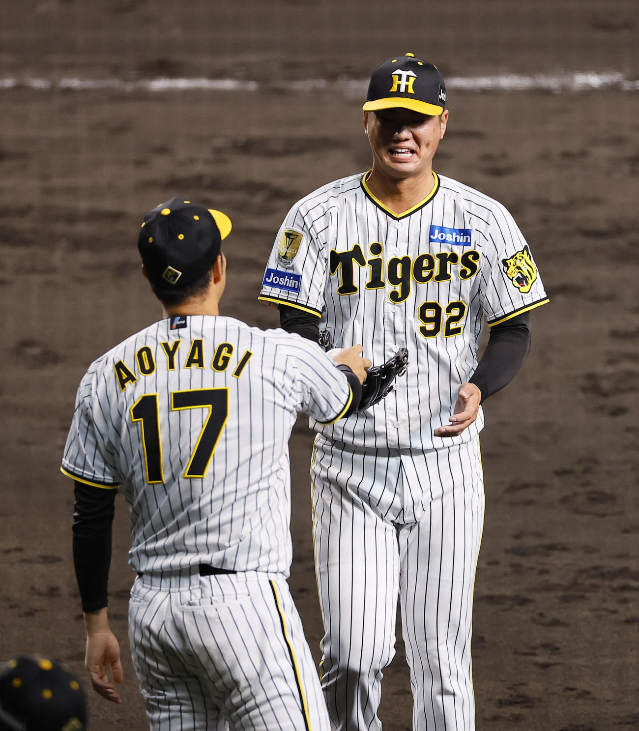 阪神対DeNA 8回を無失点で終え、青柳（左）に出迎えられながらベンチに戻る阪神川原（撮影・藤尾明華）