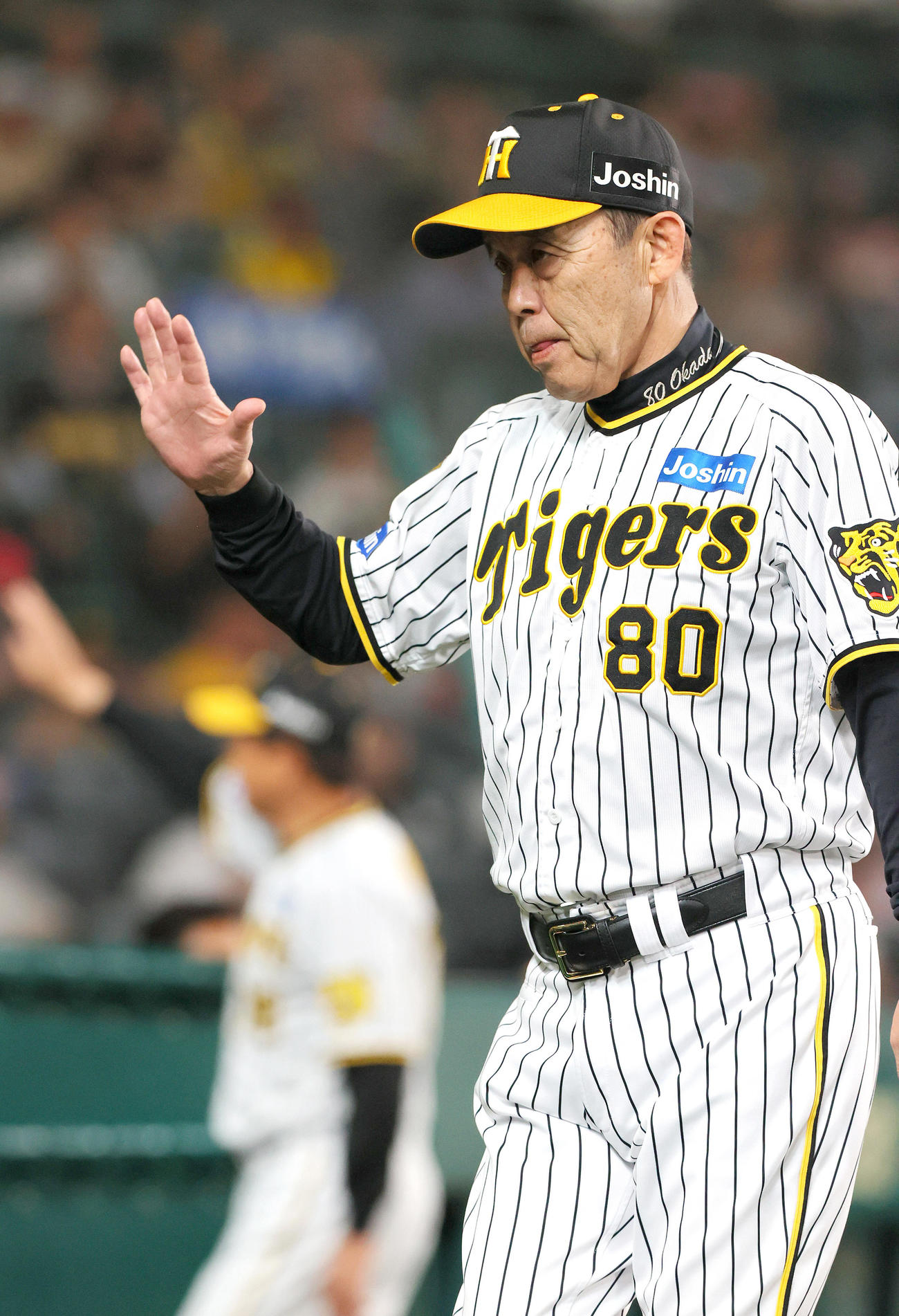 リーグ最終戦を終え阪神岡田監督はファンに手を振り引き揚げる（撮影・上山淳一）