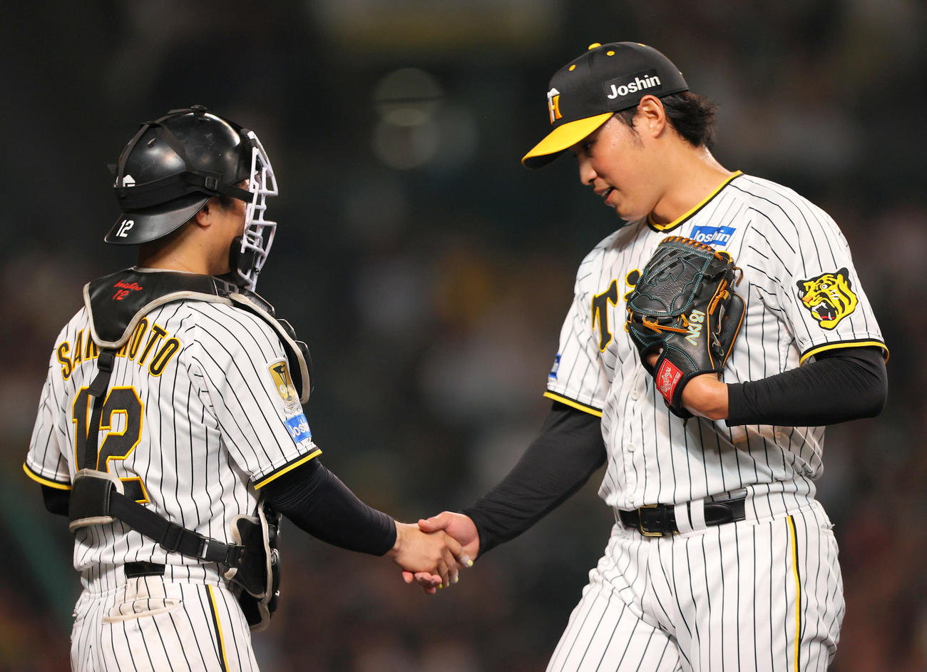 阪神対DeNA 7回表に登板した阪神佐藤蓮（右）は無失点に終え捕手坂本と握手をかわす（撮影・上山淳一）