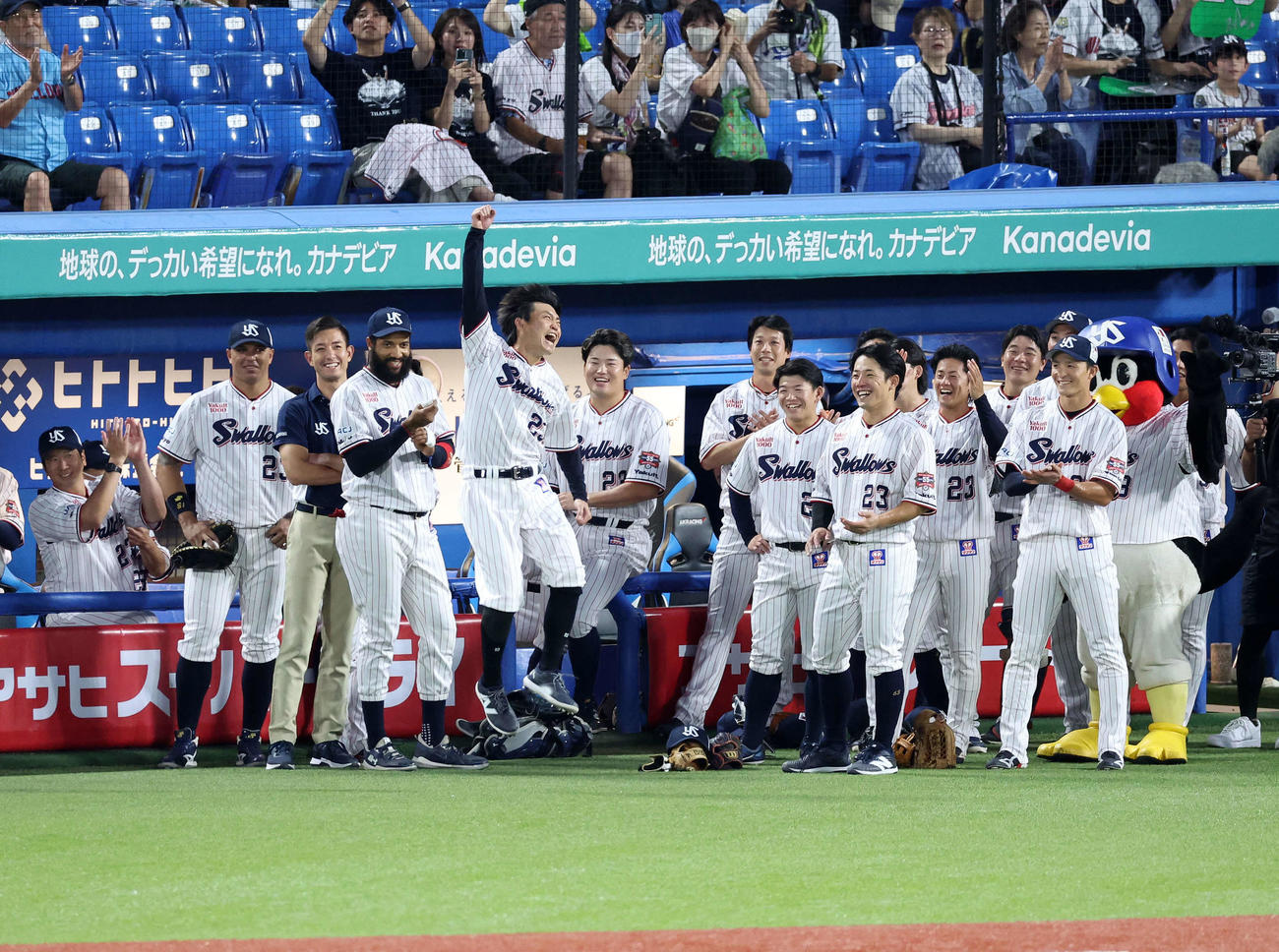 ヤクルト対広島　スタメン発表されガッツポーズでジャンプするヤクルト青木（撮影・鈴木正人）