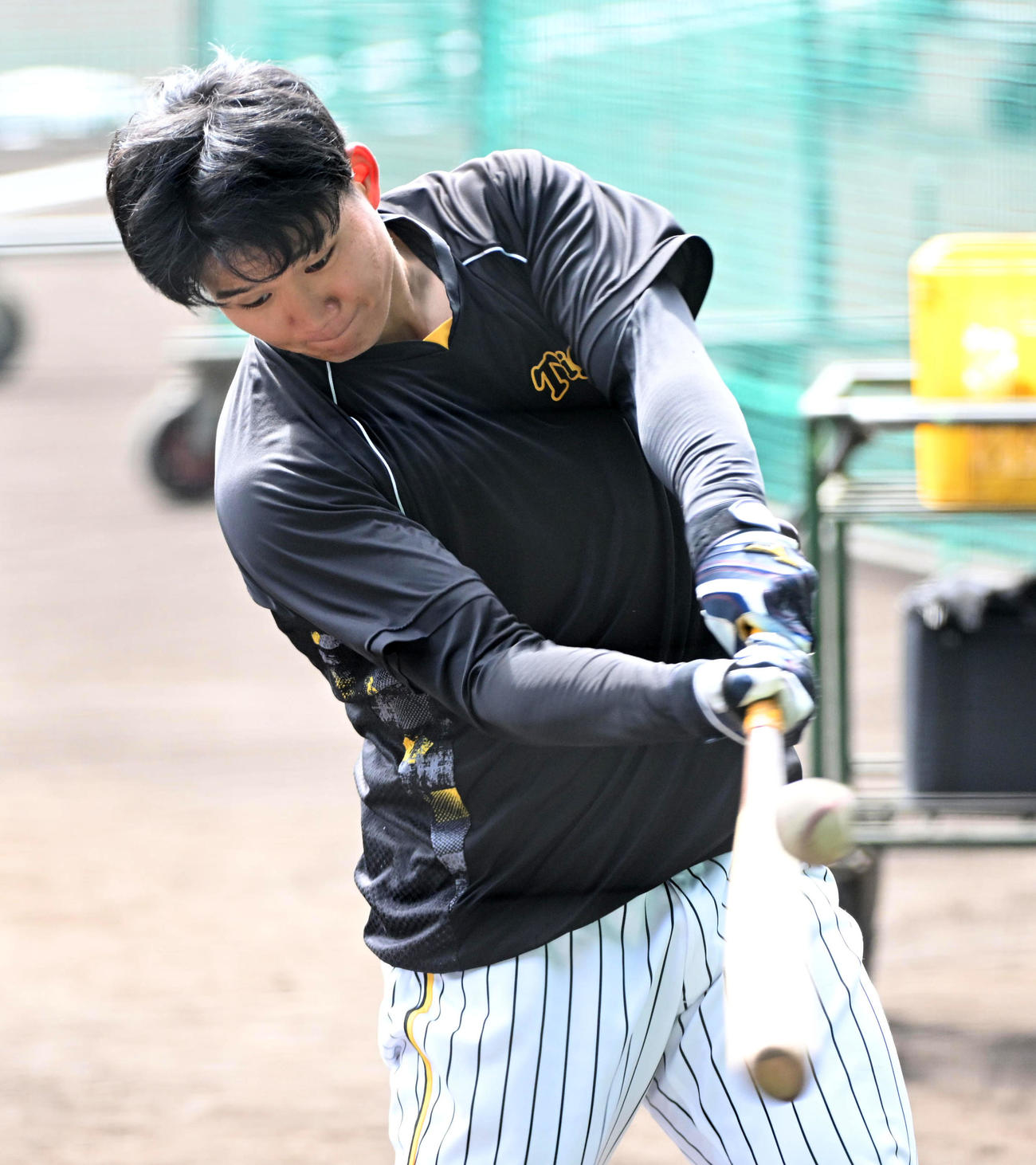 ティー打撃を行う森下（撮影・前岡正明）