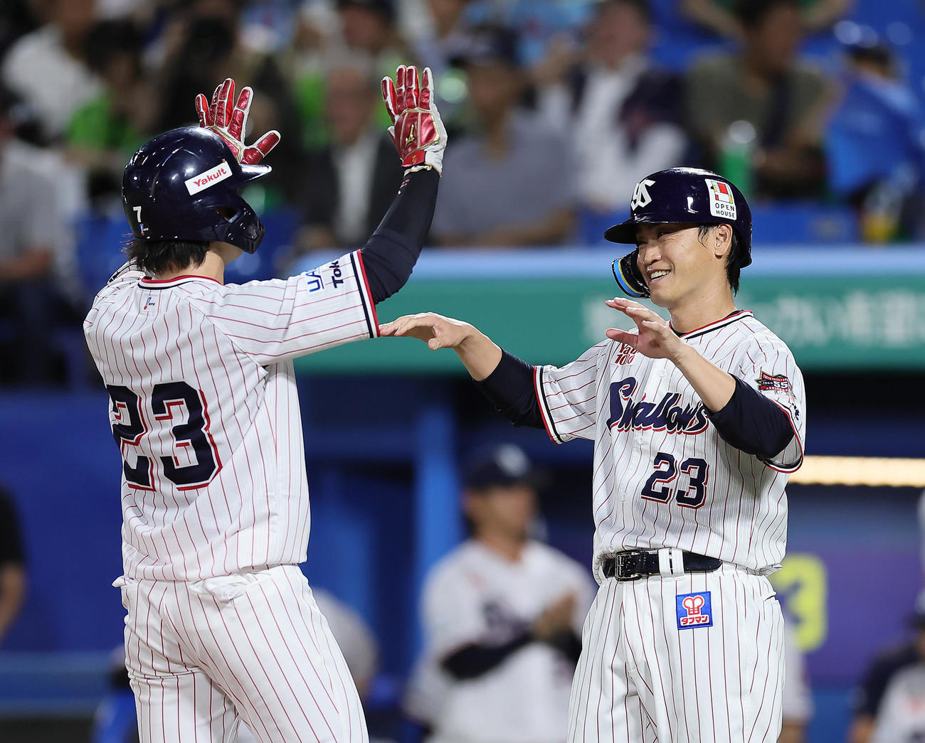 ヤクルト対広島　2回裏ヤクルト2死二、三塁、サンタナの3点本塁打で生還した青木（右）は長岡と笑顔でタッチを交わす（撮影・足立雅史）