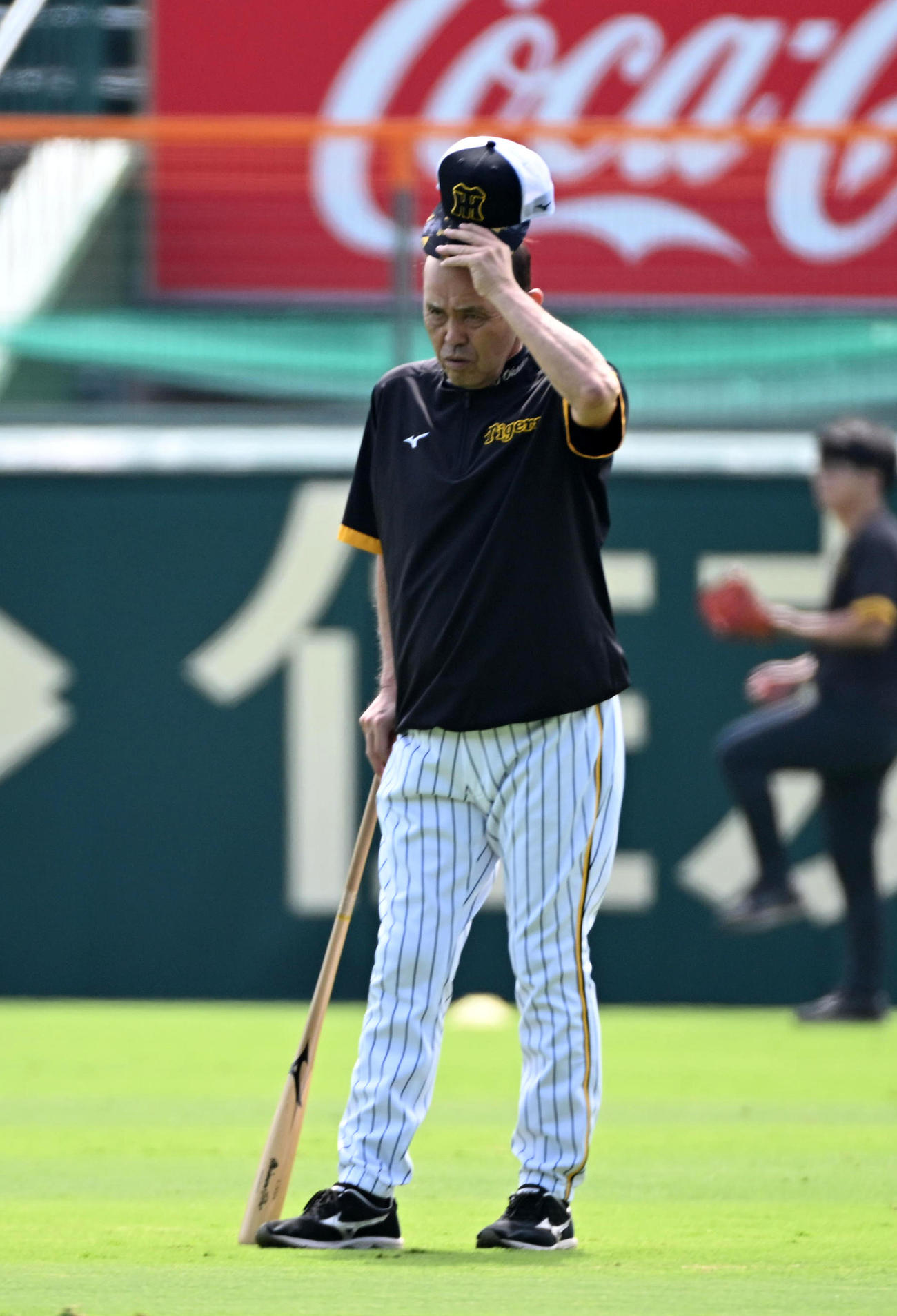 厳しい表情で練習を見守る岡田監督（撮影・前岡正明）