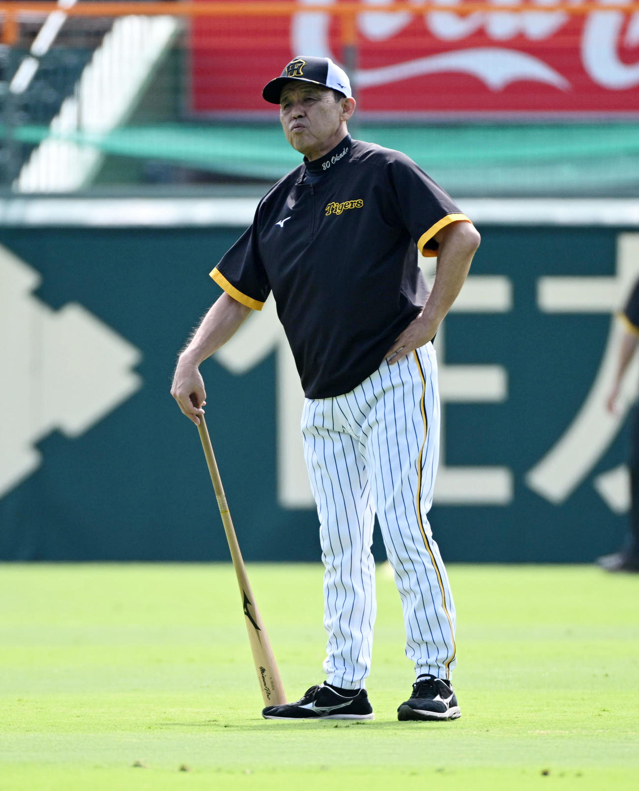 練習を見守る岡田監督（撮影・前岡正明）