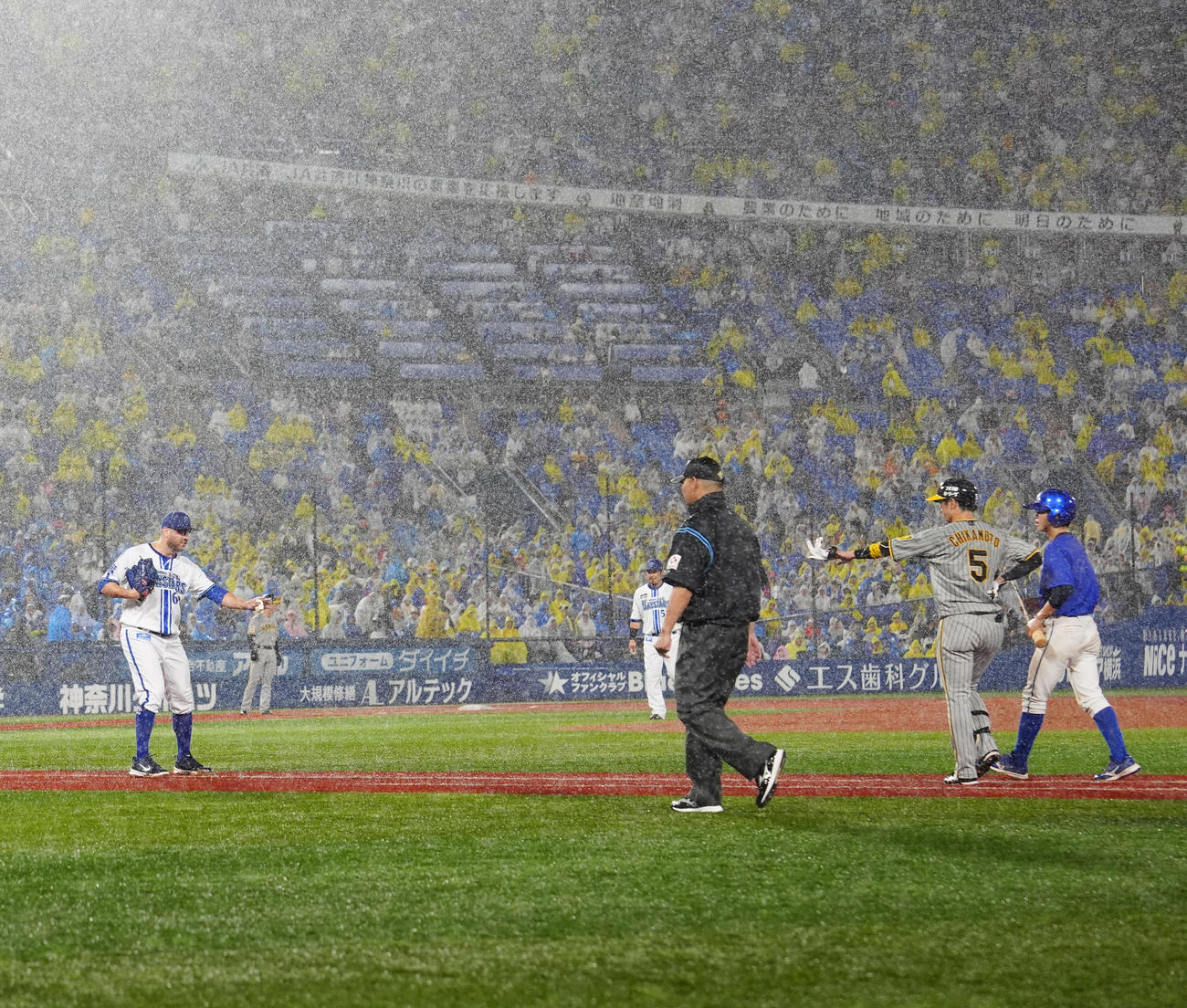 DeNA対阪神　2回表途中、降雨中断でベンチに引き揚げる前、阪神近本（右から2人目）に謝罪するDeNA先発のケイ（撮影・江口和貴）