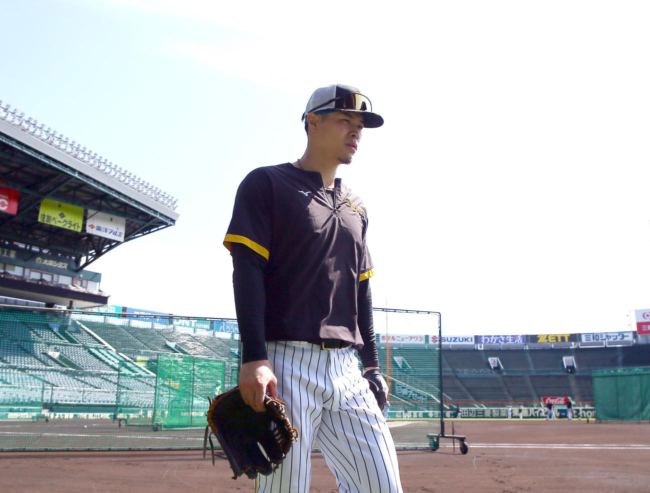 甲子園球場で汗を流す阪神佐藤輝（撮影・上山淳一）