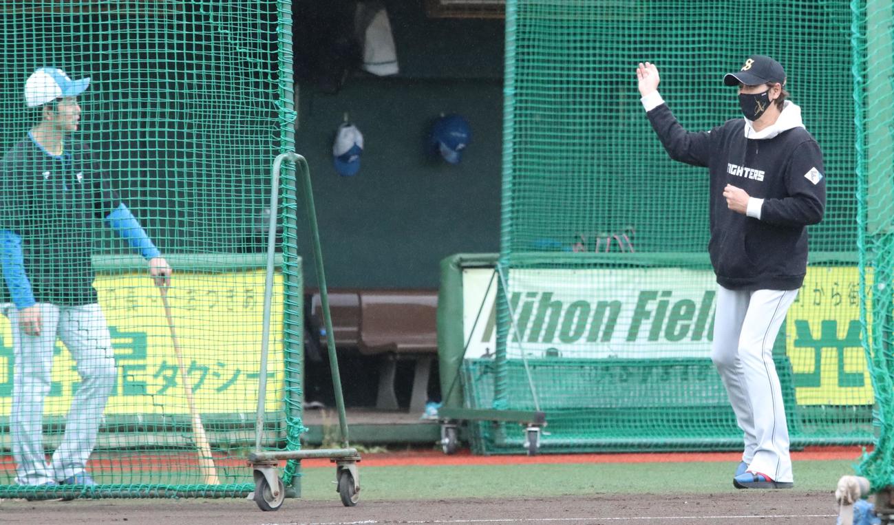 ジェスチャーを交えながら谷内コーチ（左）と話す日本ハム新庄監督（撮影・永野高輔）
