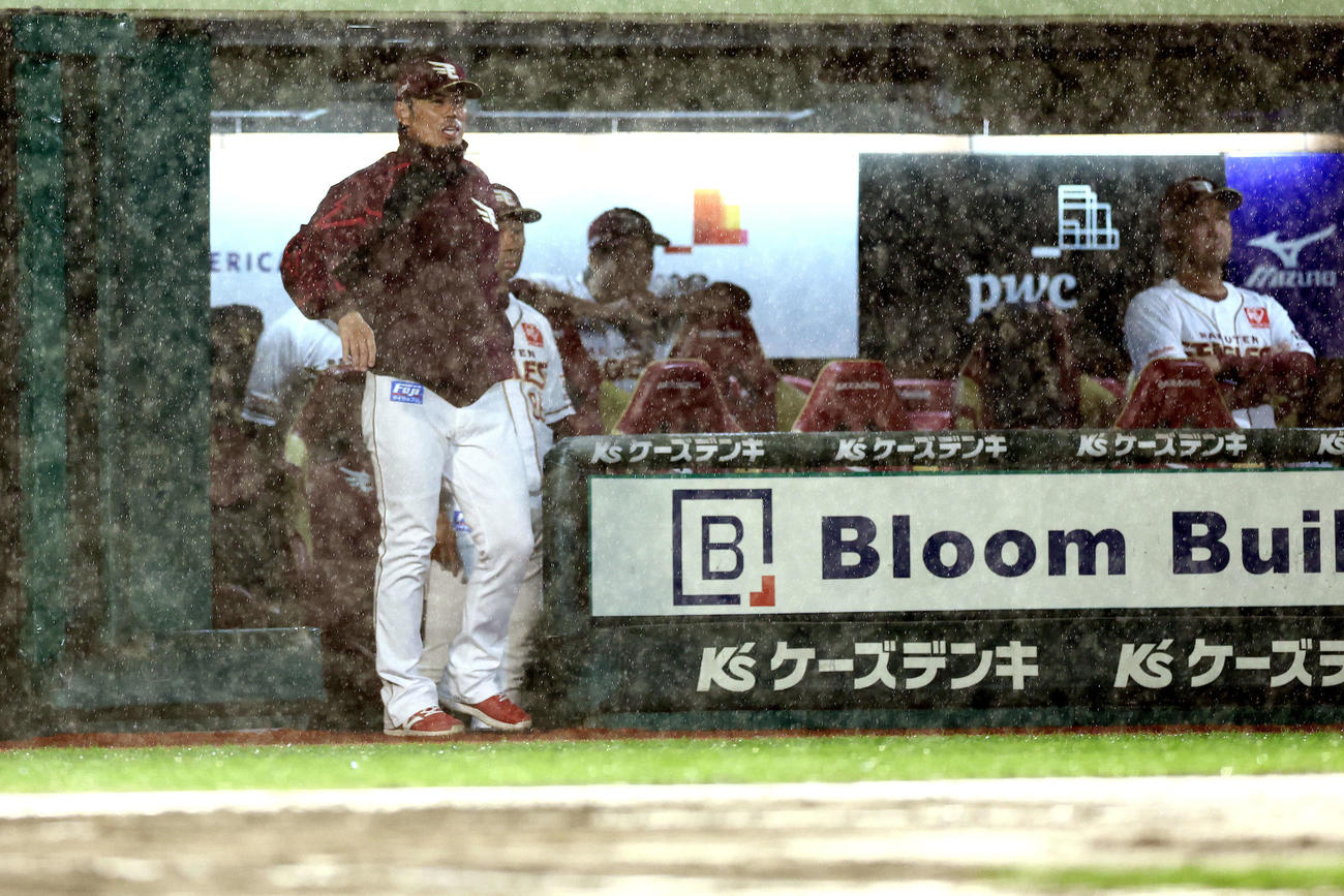 楽天対オリックス　7回表オリックス1死、雨が強まり、マウンドを確認する審判に声をかける今江監督（撮影・河田真司）