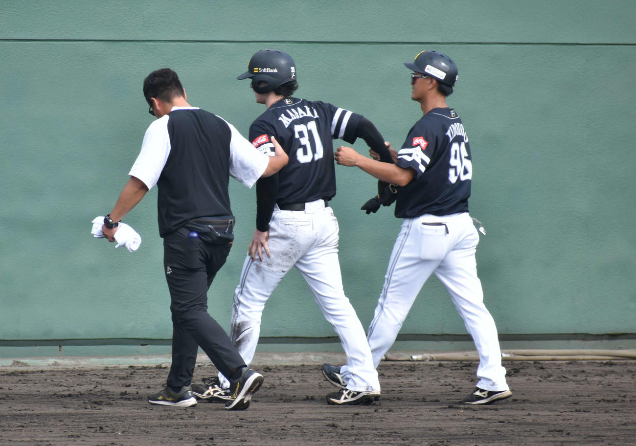 ヤクルト対ソフトバンク　6回表、打球が左足に直撃した三塁走者のソフトバンク正木はベンチに下がる（撮影・只松憲）＝2024年10月7日、西都原運動公園野球場（撮影・只松憲）