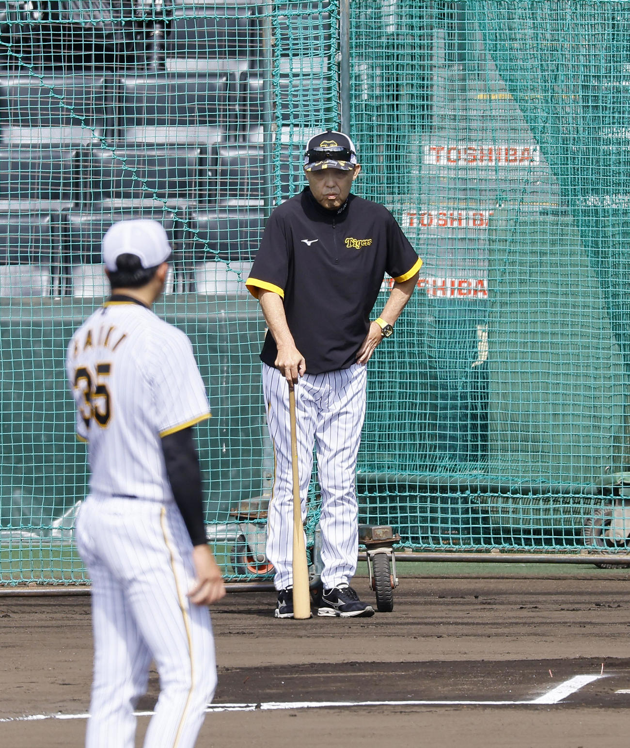 シート打撃の前にマウンドの才木を見つめる阪神岡田監督（左から2人目）（撮影・藤尾明華）