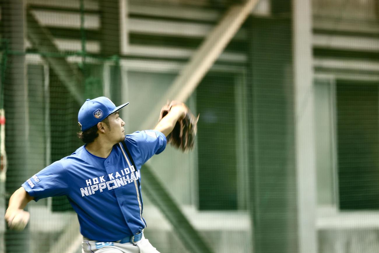 楽天対日本ハム　試合前、室内で投球練習する日本ハム伊藤（撮影・河田真司）