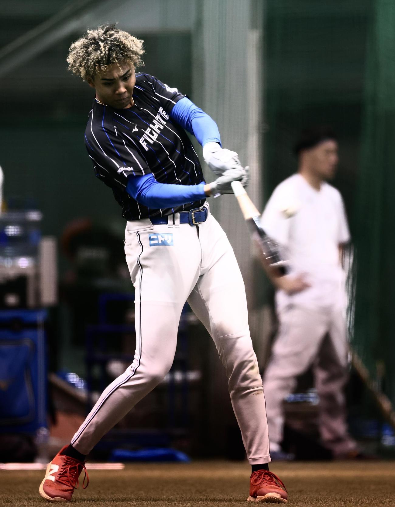 楽天対日本ハム　室内で打撃練習する日本ハム水谷（撮影・河田真司）