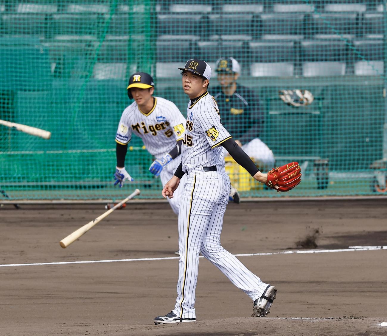 シート打撃に登板し、近本を打ち取る阪神才木（撮影・藤尾明華）