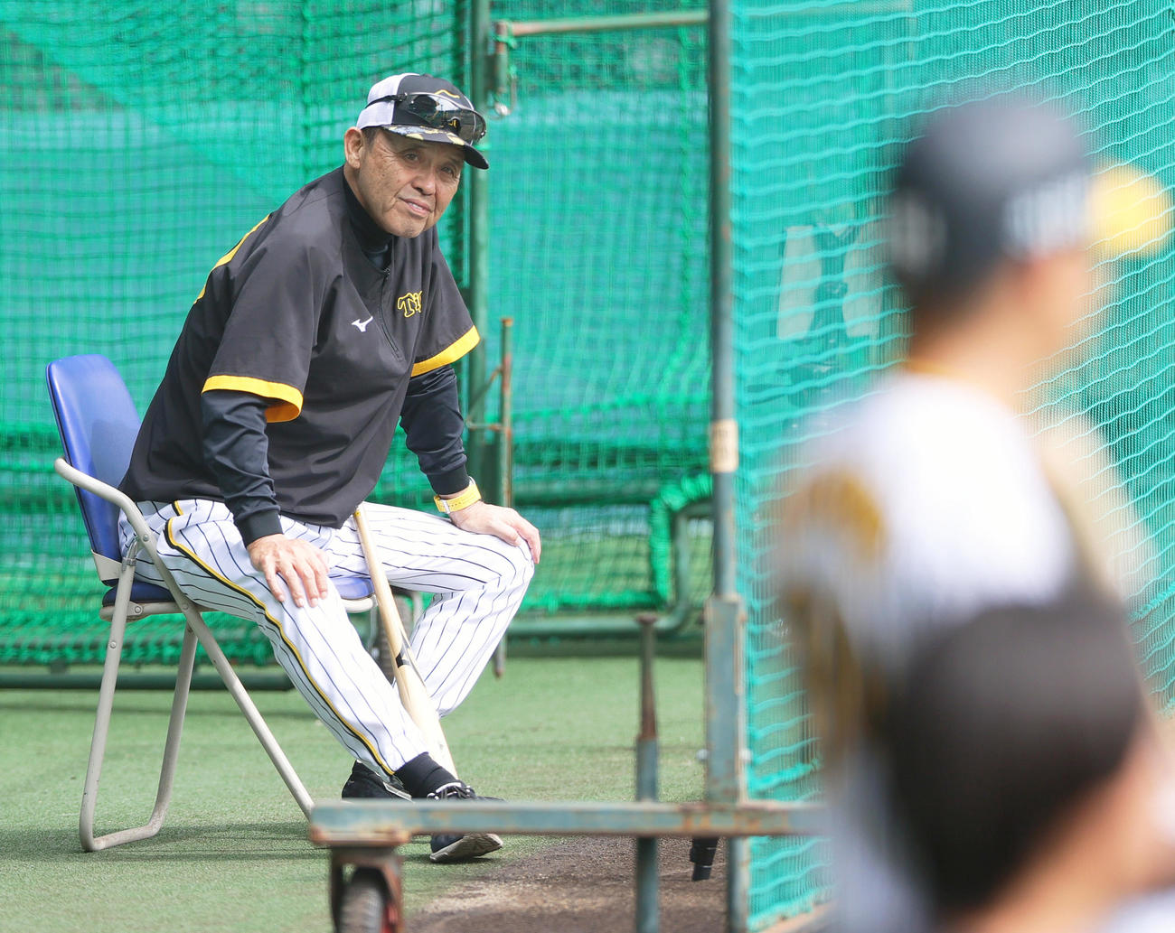 阪神岡田監督はリラックスした表情でシート打撃を見つめる（撮影・上山淳一）