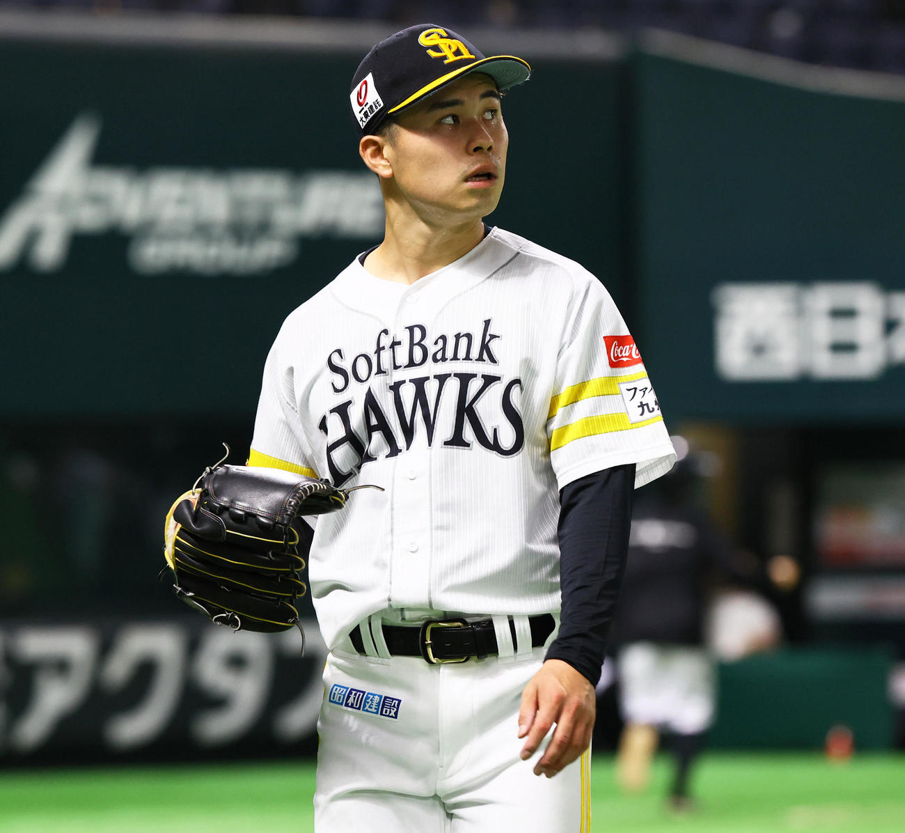 ソフトバンク対NCダイノス　3回無失点でベンチに下がる松本晴（撮影・鬼束羽瑠菜）