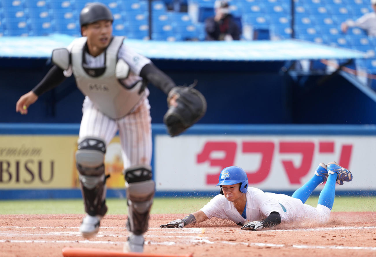 亜大対青学大　6回裏青学大1死二塁、松本の中前適時打で生還する二塁走者南野（撮影・鈴木みどり）