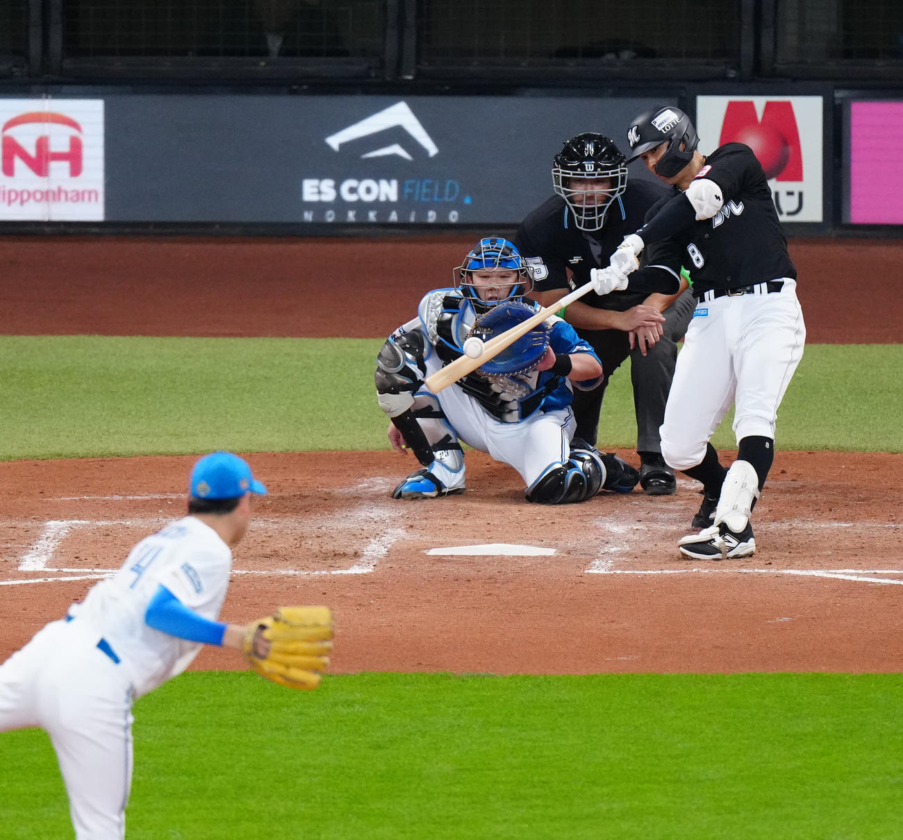 日本ハム対ロッテ　5回表ロッテ無死、先制ソロ本塁打を放つ中村奨。投手加藤貴（撮影・江口和貴）