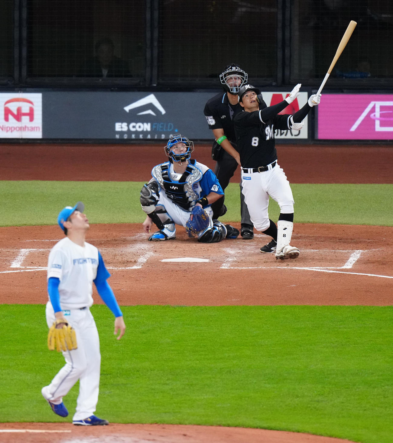 日本ハム対ロッテ　5回表ロッテ無死、先制ソロ本塁打を放つ中村奨。投手加藤貴（撮影・江口和貴）