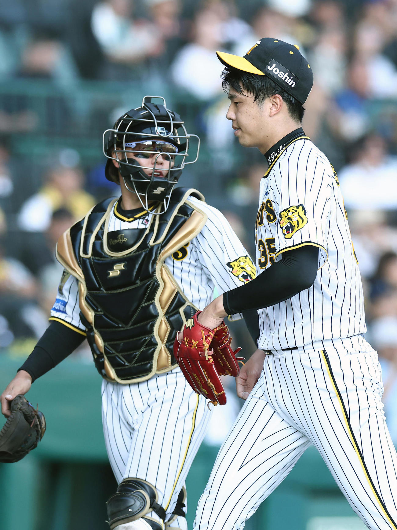 阪神対DeNA 5回表を投げ終え、ベンチへ戻る阪神才木。左は梅野（撮影・前田充）