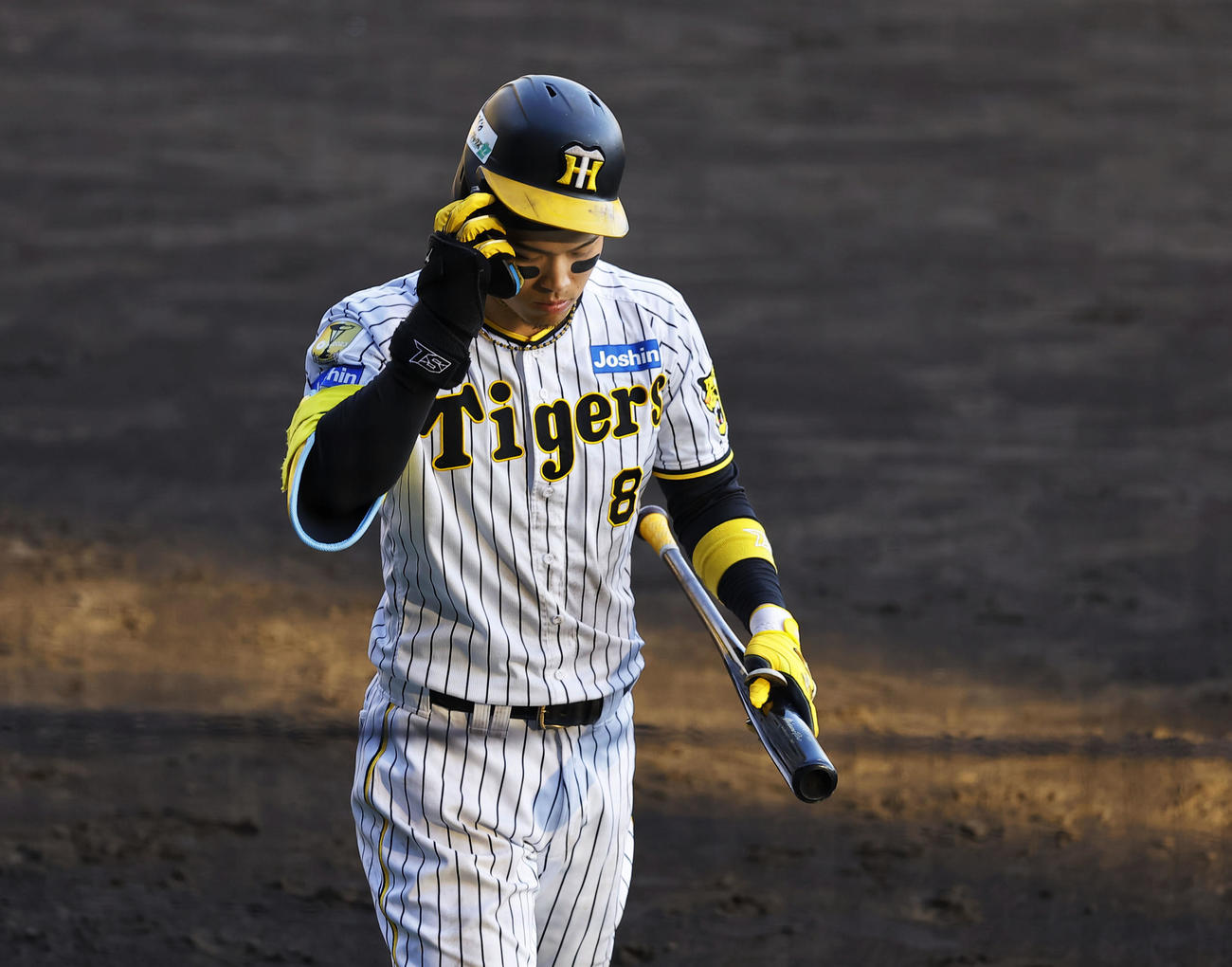 阪神対DeNA 7回裏阪神無死、三振に倒れるベンチに戻る佐藤輝（撮影・藤尾明華）