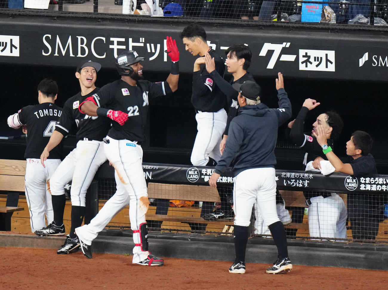 日本ハム対ロッテ　7回表ロッテ無死、ソロ本塁打を放ちタッチを交わすポランコ（左から3人目）（撮影・江口和貴）