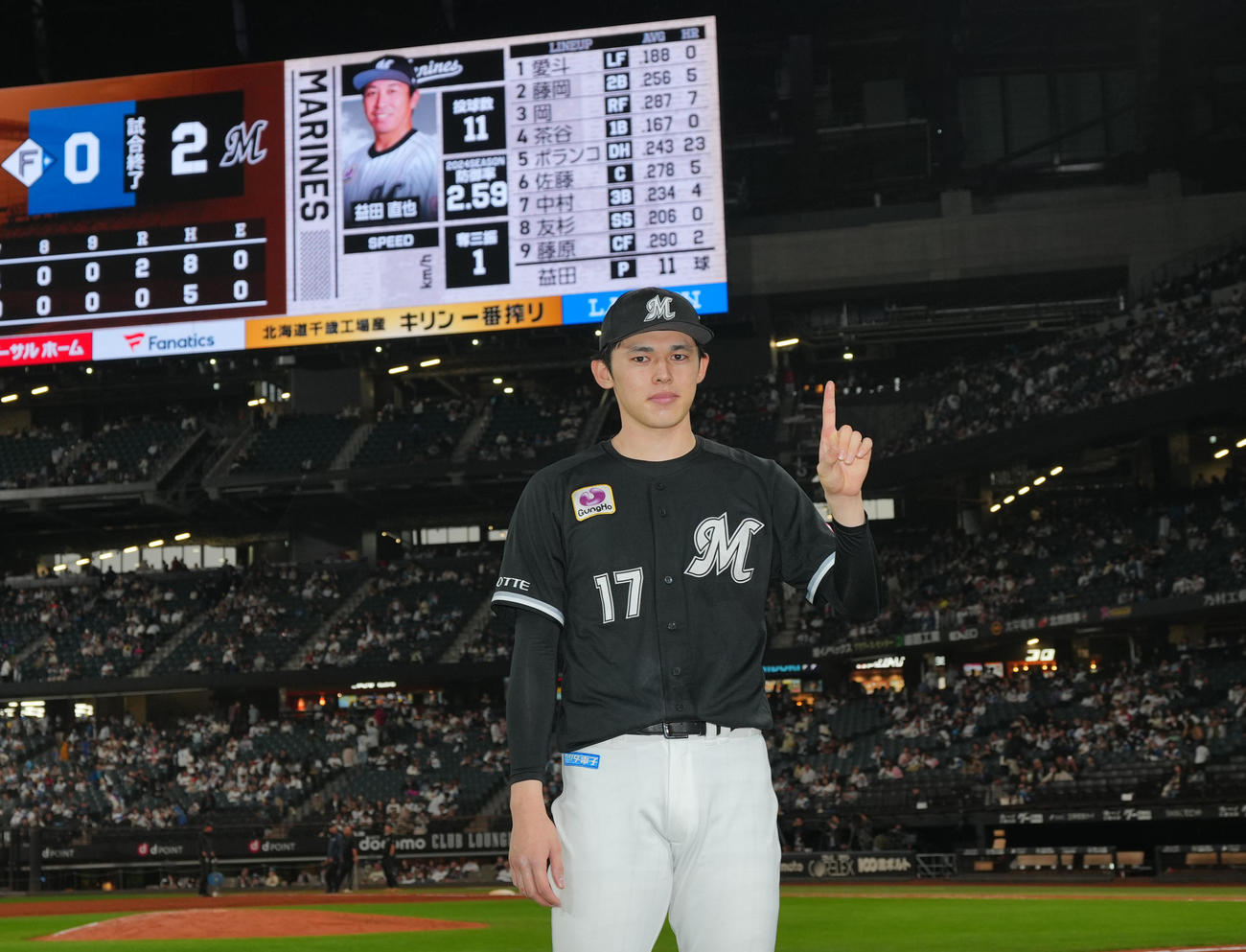 日本ハム対ロッテ　ヒーローインタビュー後で記念撮影に納まるロッテ佐々木（撮影・狩俣裕三）