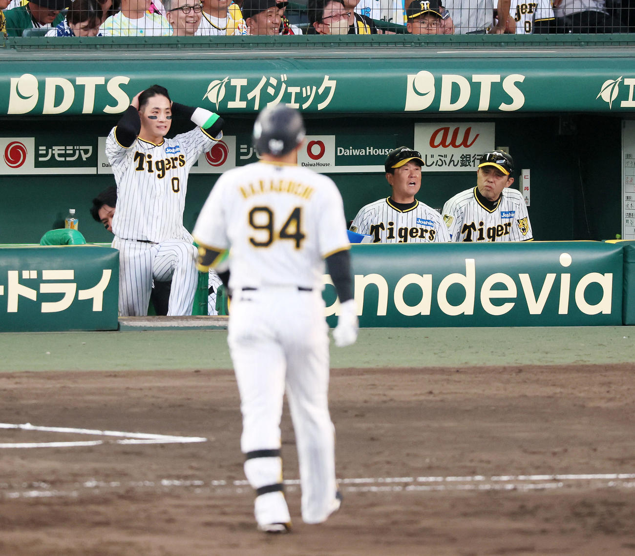 阪神対DeNA 9回裏阪神2死一、三塁、代打原口は左飛を打ち上げて試合終了となりベンチでグラウンドを見つめる木浪と右から2人目は岡田監督（撮影・加藤哉）