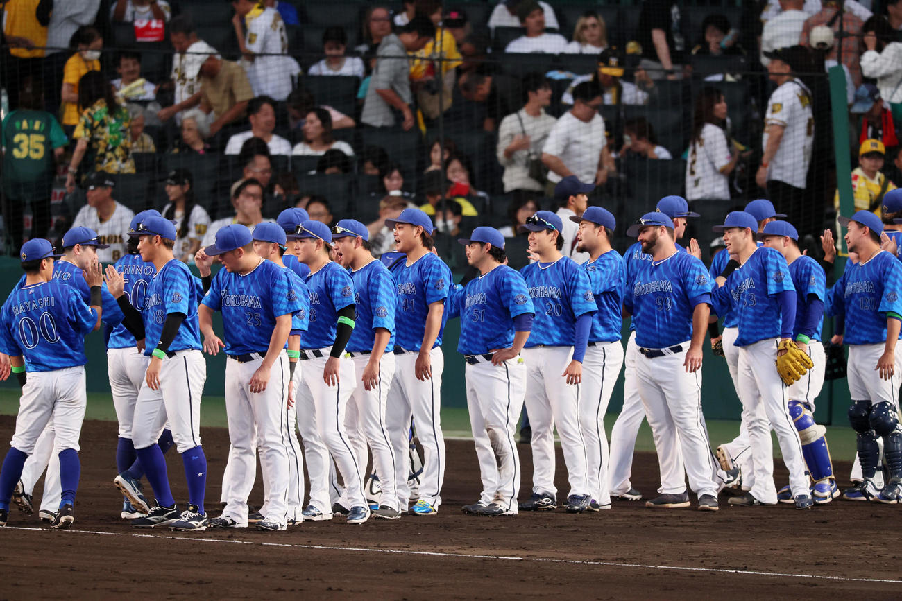 阪神対DeNA　阪神に勝利しタッチするDeNAナイン（撮影・加藤哉）