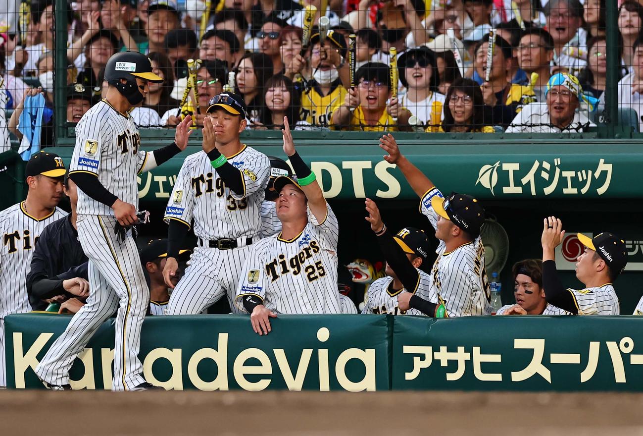 阪神対DeNA 9回裏阪神2死二、三塁、適時打を放った木浪（左から2人目）はナインとハイタッチする（撮影・上田博志）