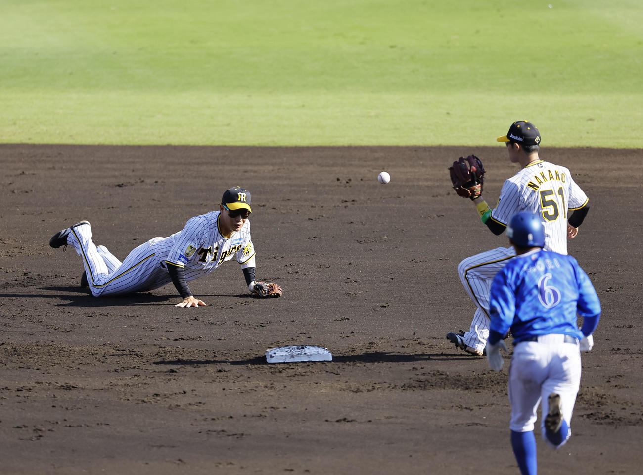 阪神対DeNA 2回表DeNA無死一塁、伊藤の遊ゴロで二塁手中野へトスする木浪（撮影・藤尾明華）