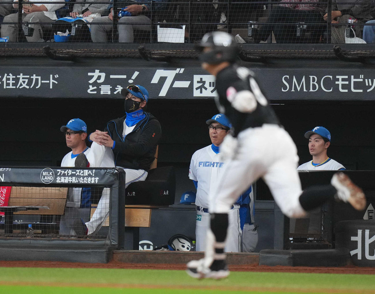 日本ハム対ロッテ　5回表ロッテ無死、中村奨（手前）の先制ソロ本塁打の打球を見つめる新庄監督（左から2人目）（撮影・狩俣裕三）