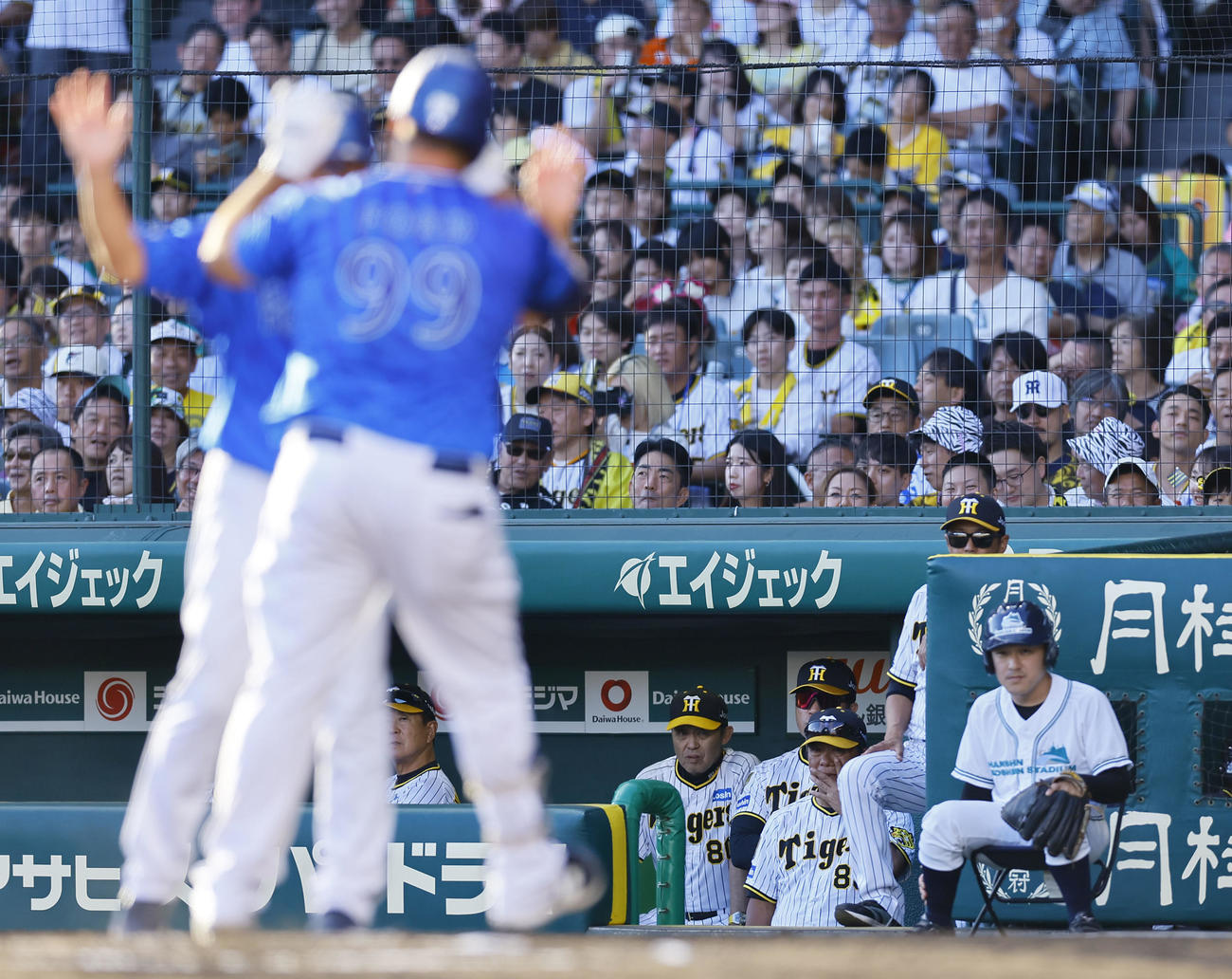 阪神対DeNA 7回表DeNA無死、代打フォードに右越え本塁打を浴びたベンチから見つめる岡田監督（右から4人目）（撮影・藤尾明華）