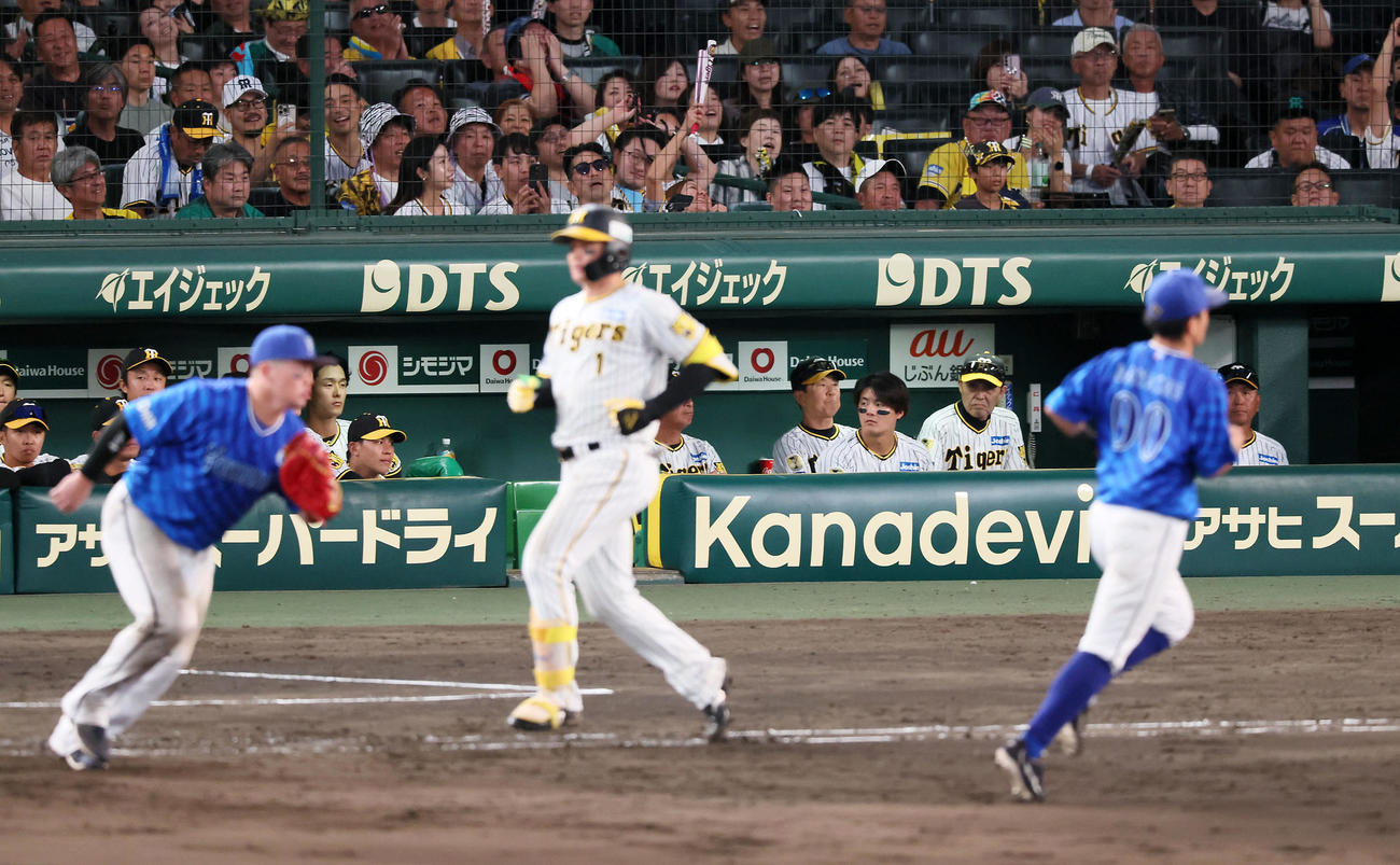 阪神対DeNA 9回裏阪神2死一塁、森下が二ゴロを打って試合終了となり、ベンチからは岡田監督がじっとグラウンドを見つめる（撮影・加藤哉）