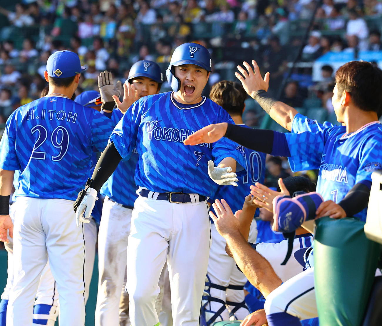 阪神対DeNA　7回表DeNA無死一、二塁、佐野は右越えに3点本塁打を放ちナインとタッチを交わす（撮影・藤尾明華）