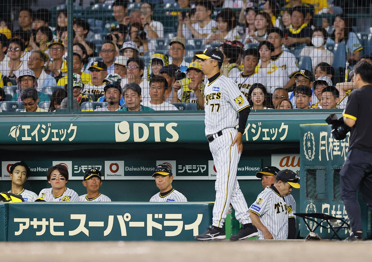 阪神対DeNA DeNAに敗れベンチを引き揚げる阪神岡田監督（右端）（撮影・藤尾明華）