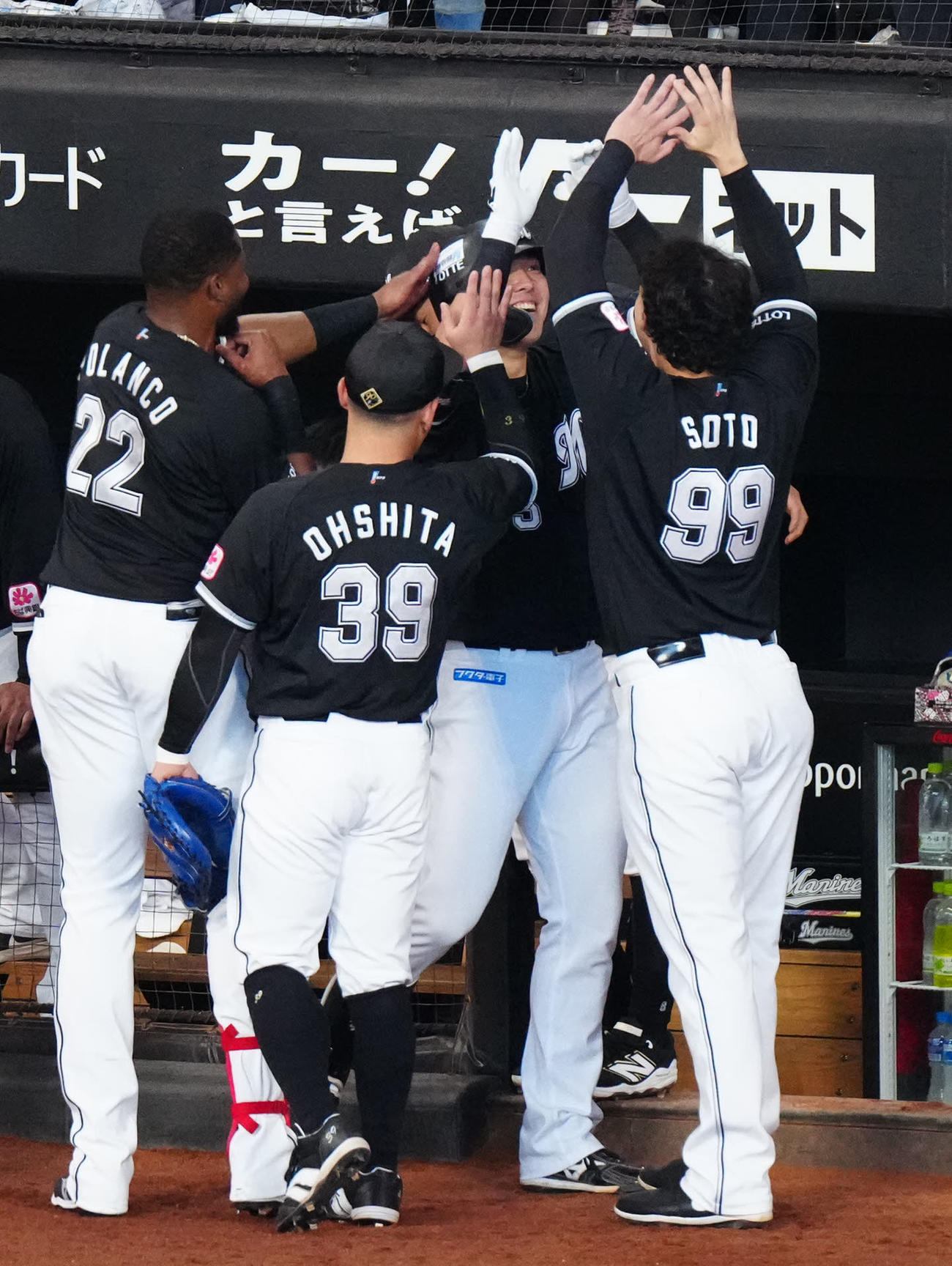 日本ハム対ロッテ　5回表ロッテ2死、先制ソロ本塁打を放ちタッチを交わす安田（中央）（撮影・江口和貴）