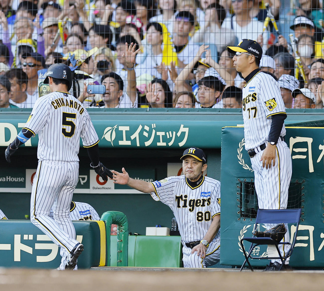 阪神対DeNA 7回裏阪神2死二塁、森下の左前適時打で生還した近本を出迎える岡田監督（中央）（撮影・藤尾明華）