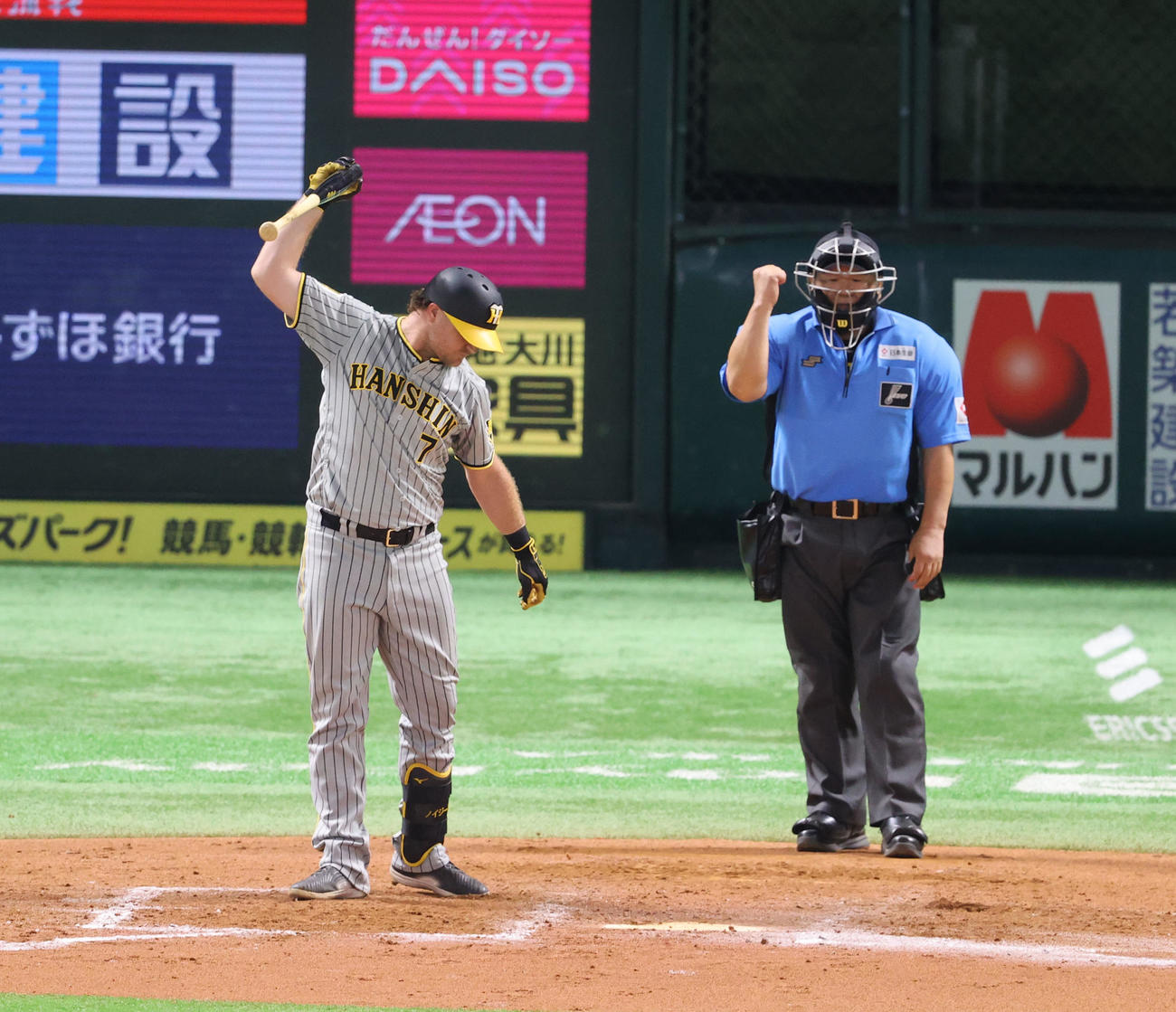 阪神ノイジーは空振り三振に倒れバットを叩きつけようとするが…（2024年撮影）