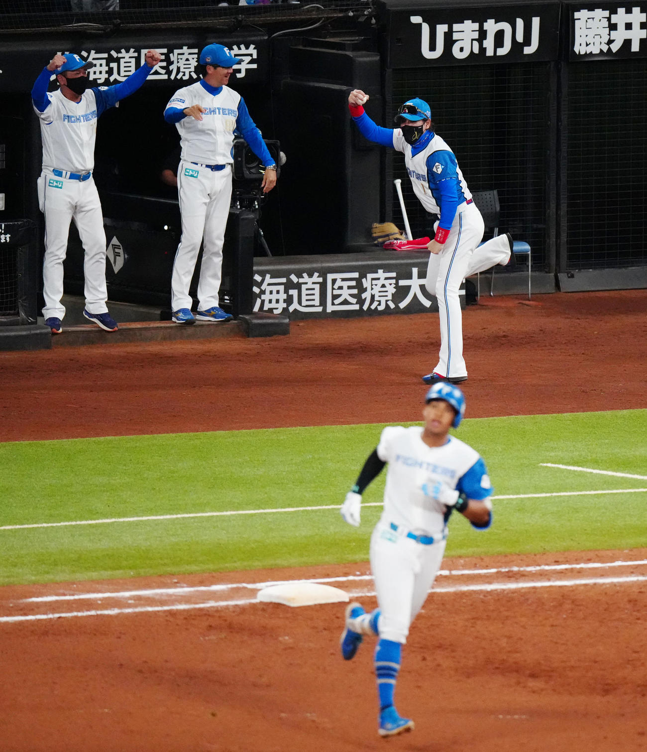 日本ハム対ロッテ　9回裏日本ハム1死、万波（手前）がソロ本塁打を放ち、歓喜する新庄監督（右）（撮影・江口和貴）