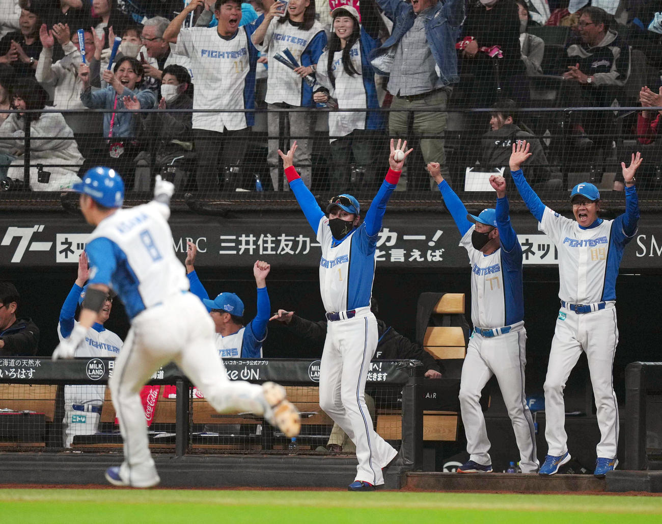 日本ハム対ロッテ　10回裏日本ハム2死一、三塁、浅間（左）がサヨナラ打を放ち、ベンチを飛び出し、バンザイで喜ぶ新庄監督（撮影・狩俣裕三）
