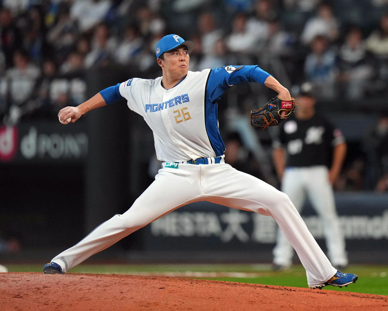 日本ハム対ロッテ　6回表、力投する日本ハム2番手の田中正（撮影・狩俣裕三）