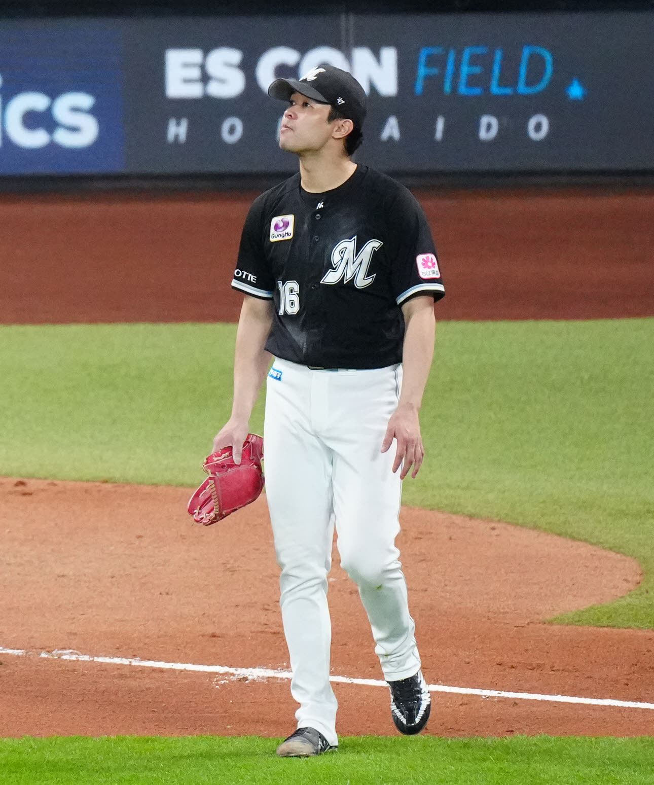 日本ハム対ロッテ　7回裏日本ハム2死一、二塁、水野に2点適時三塁打を浴びた種市（左）（撮影・江口和貴）