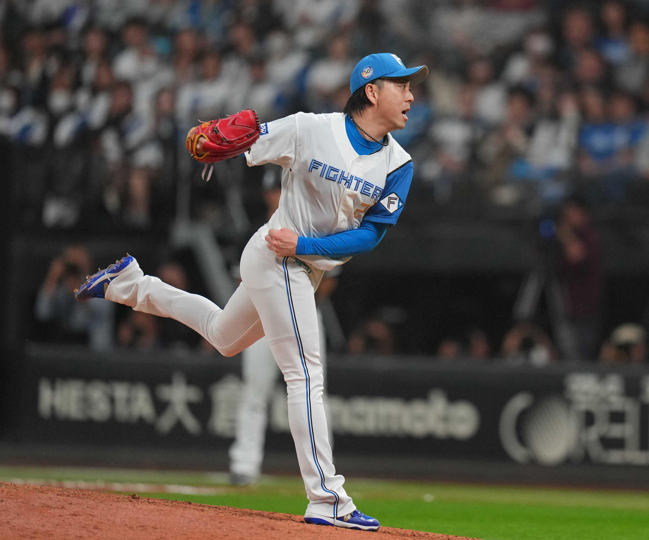日本ハム対ロッテ　9回表から登板し、力投する宮西（撮影・狩俣裕三）