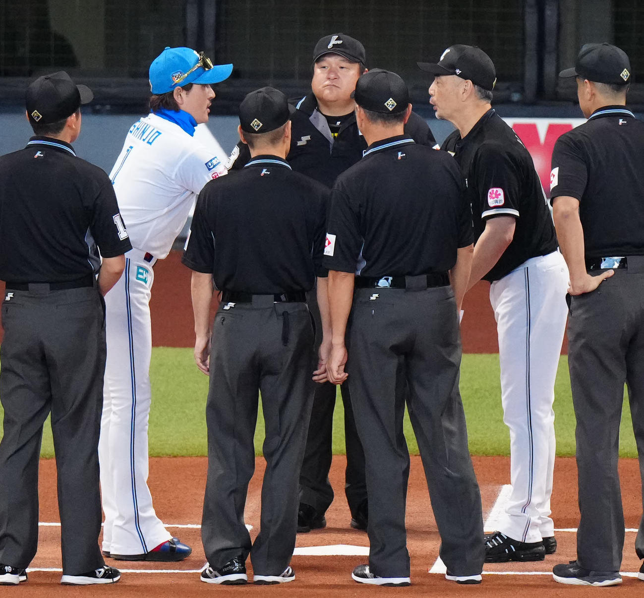 日本ハム対ロッテ　試合前、握手を交わす日本ハム新庄監督（左から2人目）とロッテ吉井監督（撮影・江口和貴）