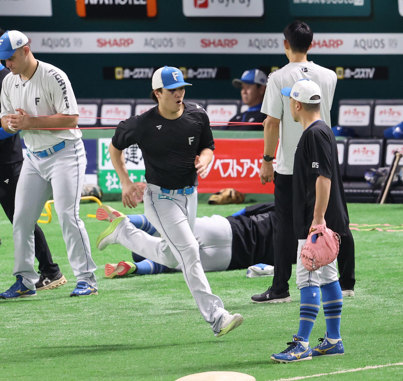 ソフトバンク対日本ハム　試合前、体をほぐす伏見（撮影・梅根麻紀）