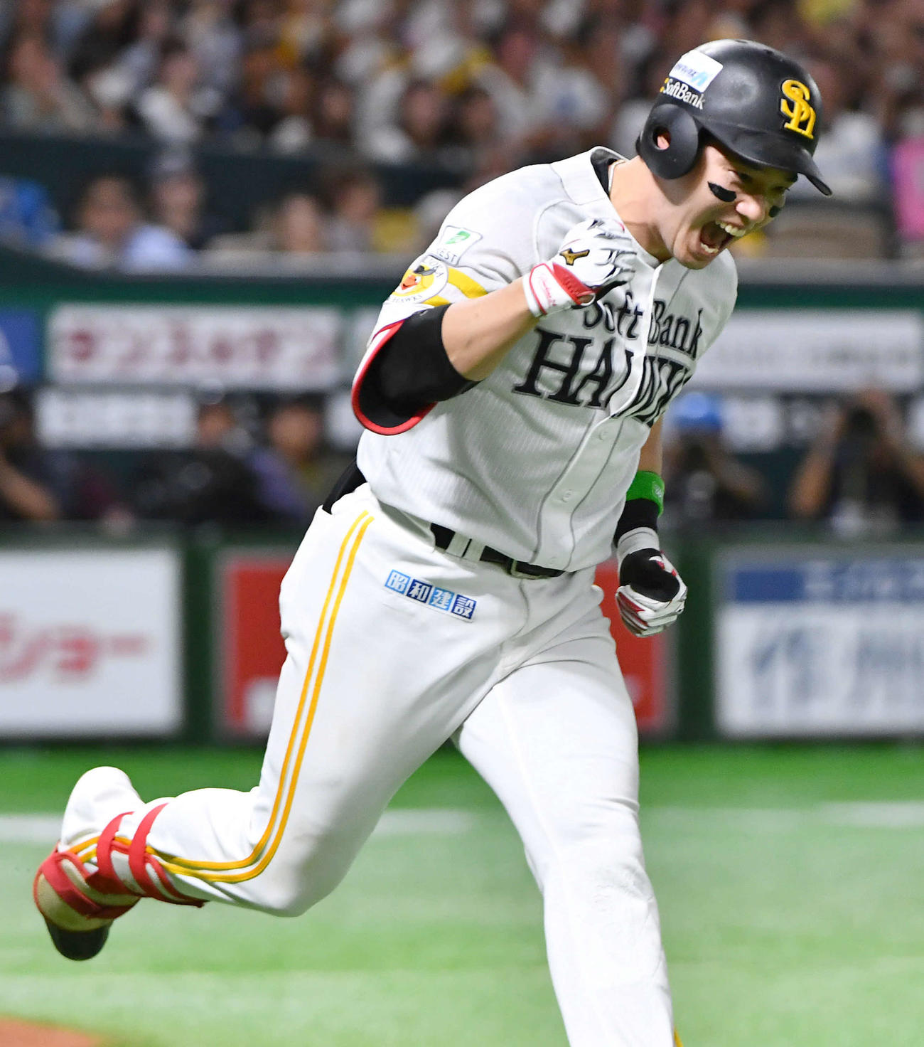 ソフトバンク対日本ハム　5回裏ソフトバンク1死、右越え本塁打を放ち、雄たけびをあげながらガッツポーズする栗原（撮影・岩下翔太）