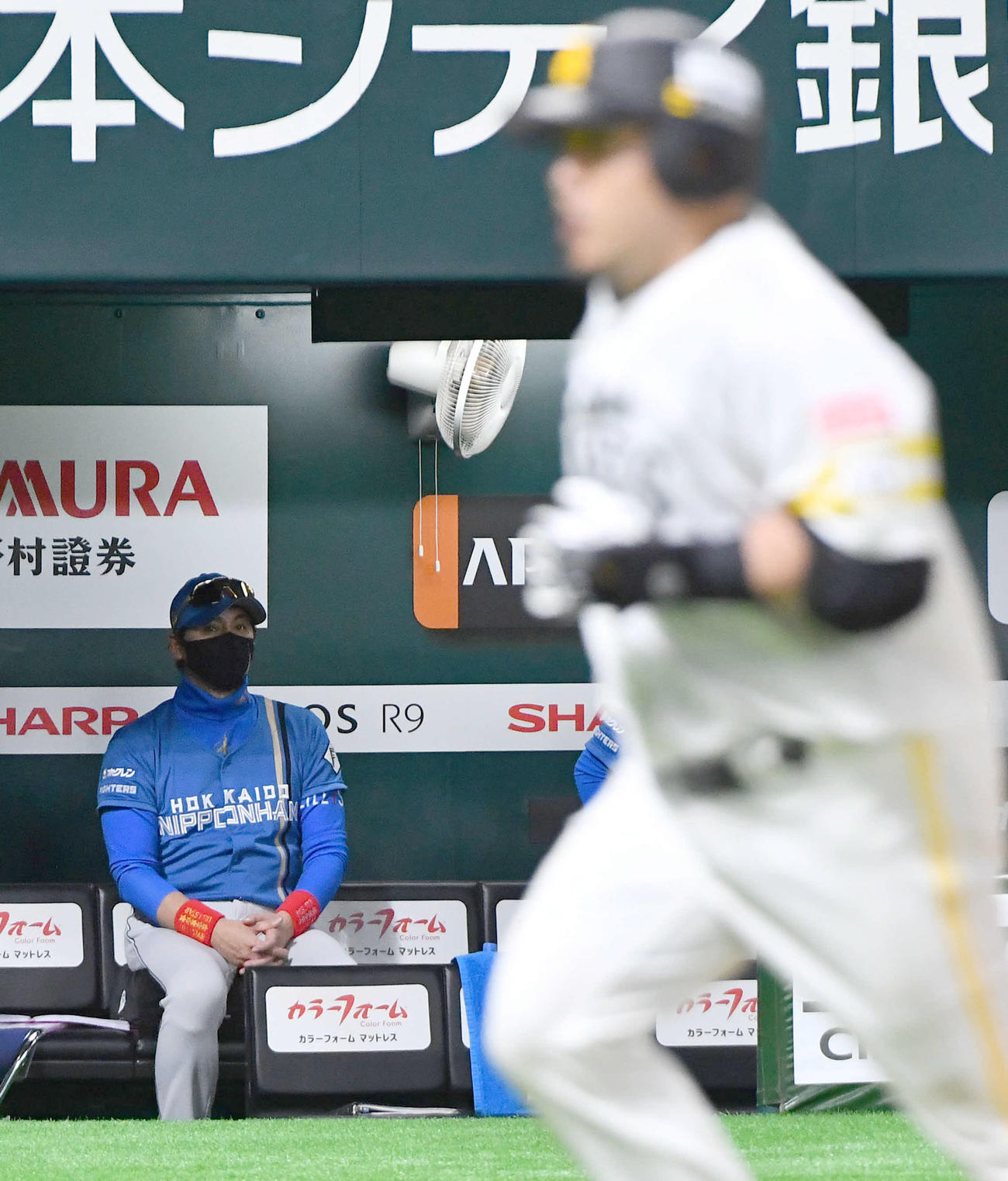 ソフトバンク対日本ハム　8回裏ソフトバンク無死、左越え本塁打を放った山川（右）を見つめる新庄監督（撮影・岩下翔太）