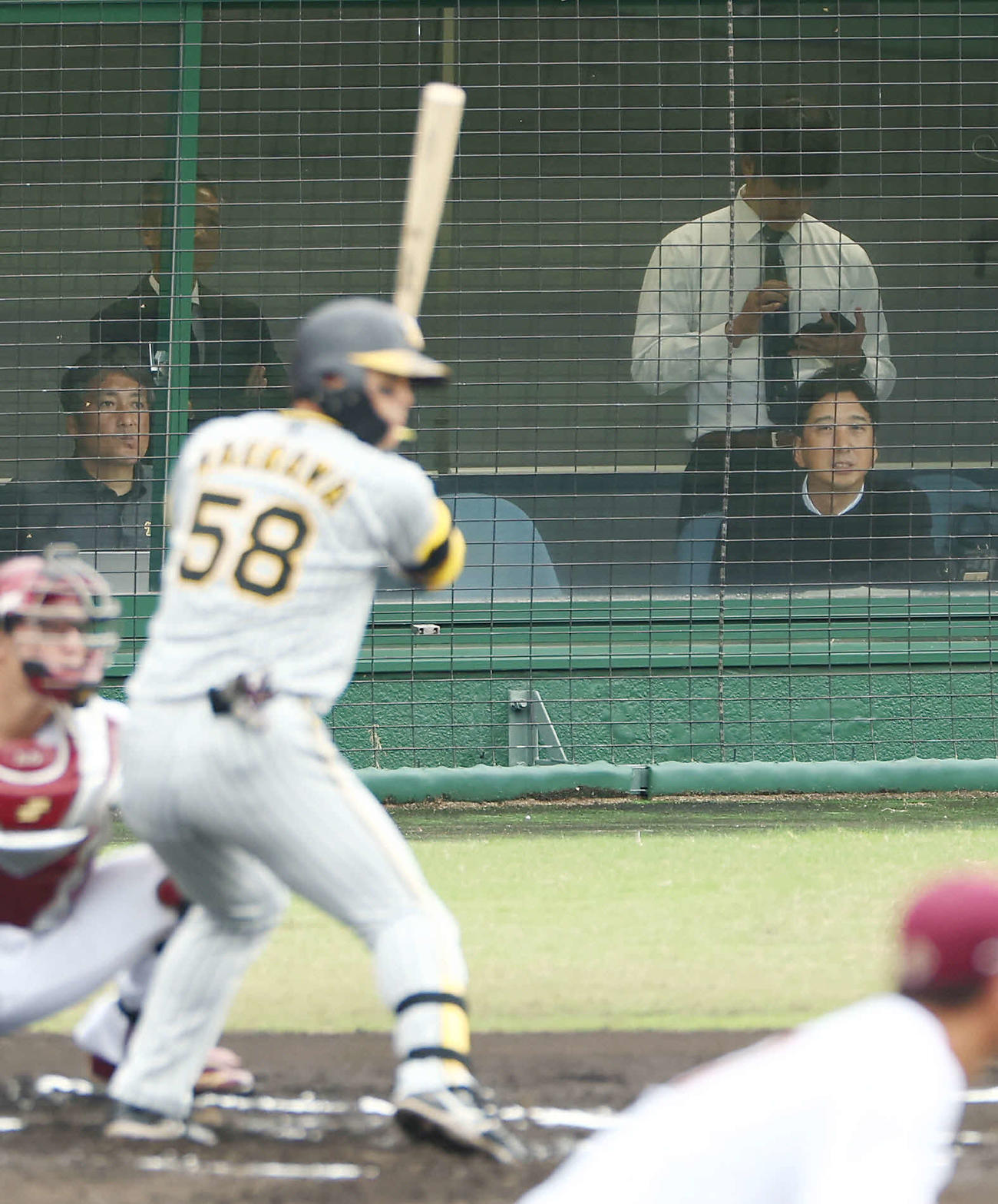 フェニックスリーグの楽天戦を視察に訪れた阪神藤川監督（左）が見守る前で打席に入る井上（撮影・前田充）