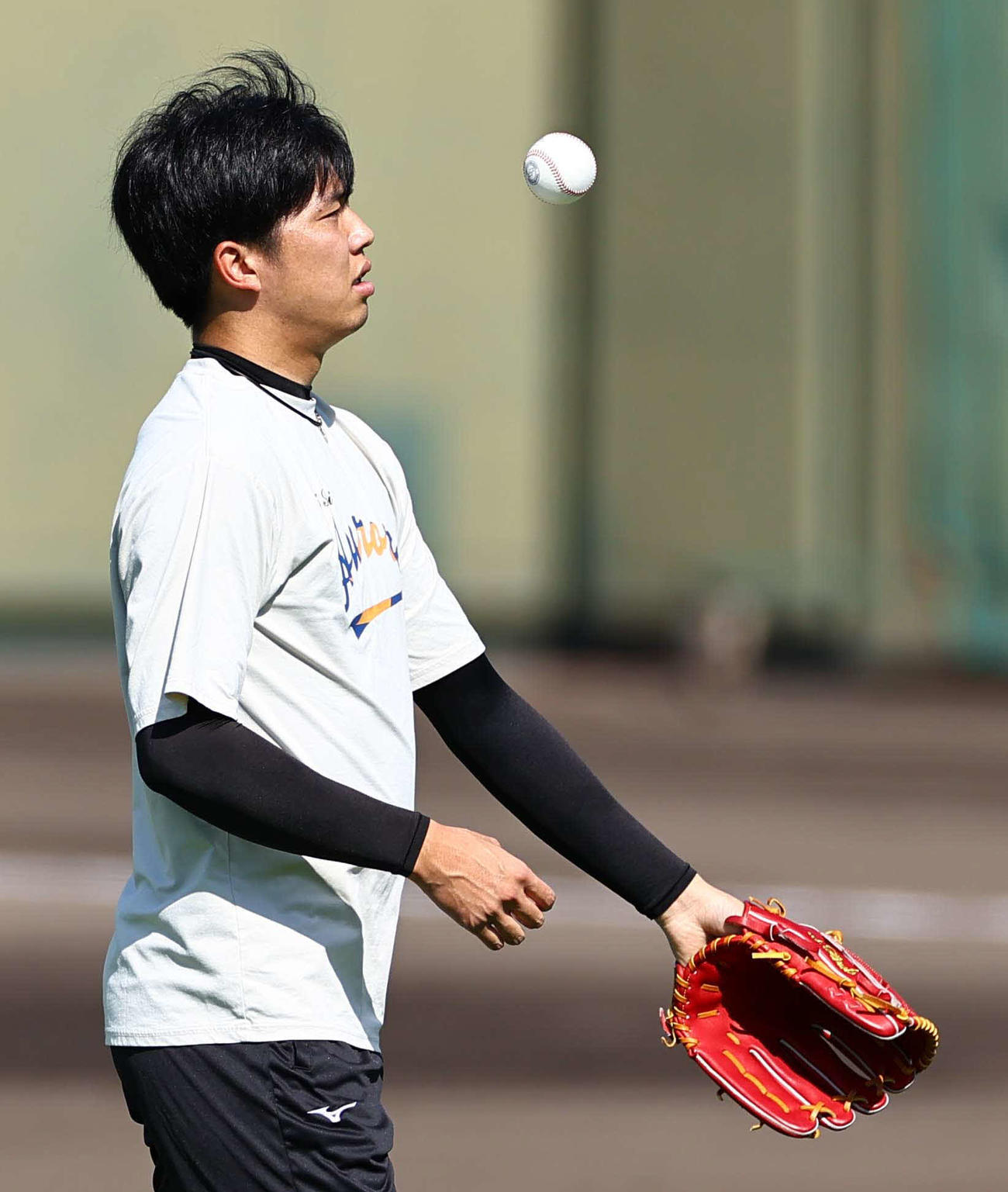 WBSCと公式試合球契約をするSSKのボールを使用してキャッチボールをする才木（撮影・上田博志）