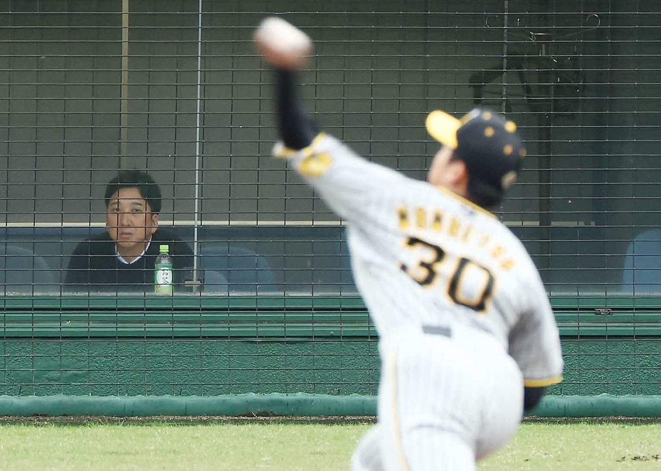 フェニックスリーグの楽天戦を視察し、力投する阪神門別（右）を見つめる藤川監督（撮影・前田充）